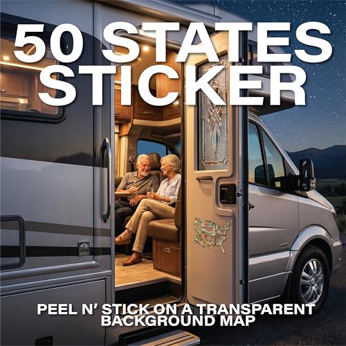 Image of RV State Travel USA Map Vinyl Sticker - Camper Trailer Decals for Window with State Flag - Road Trip Map of America - Waterproof, UV Protection for Window, Door or Wall (Vintage Landscape)
