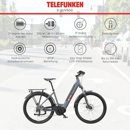 TELEFUNKEN E-Bike Damen 27,5 Zoll, Elektrofahrrad Mittelmotor, 7-Gang Kettenschaltung, Hydr. Scheibenbremsen - Pedelec SUV-Bike, inkl. Fahrradschloss, SUV500 – Bild 6