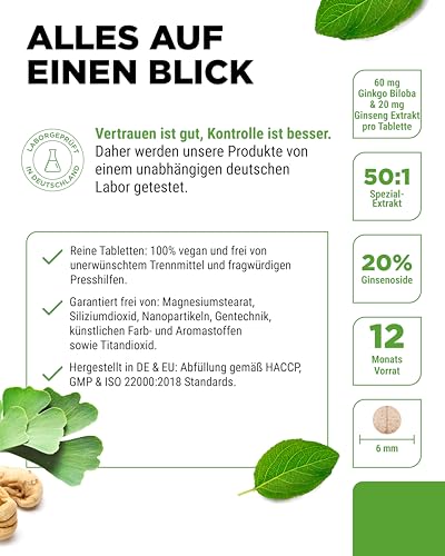 Ginkgo + Ginseng - 365 Tabletten - Spezial Extrakt - Hochdosiert - Laborgeprüft - Ginkgo Biloba + Koreanischer Ginseng - Premium Qualität - Vegan – Bild 4
