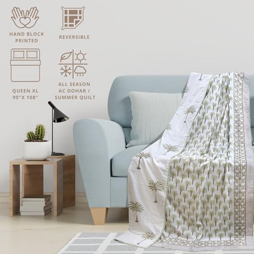 Image of TOAIArt Premium Jaipuri Dohar | AC Blanket Summer Quilt | Hand Block Printed | 3 Layers | Reversible | 150GSM 100% Mulmul Cotton | 100% Cotton Flannel Filling | Queen 90 inch X 108 inch |Small Palm