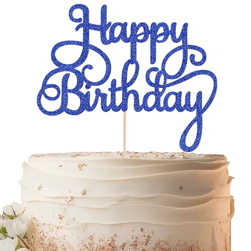 EONNCNT Decoración para tarta de feliz cumpleaños, suministros de decoración de pastel de fiesta de cumpleaños con purpurina azul real, decoración de pastel de feliz cumpleaños, para