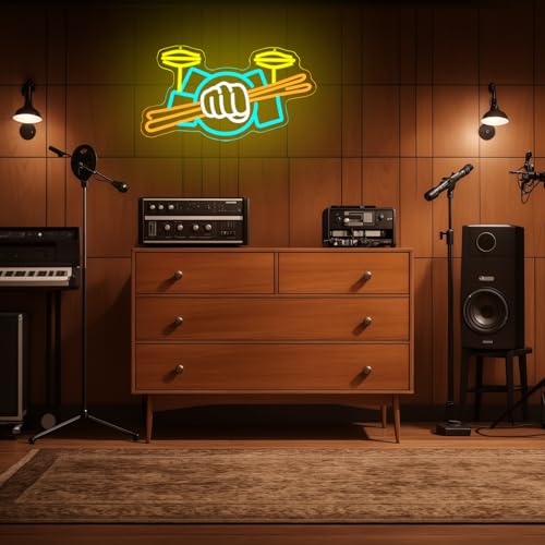 Image of Drum Set Neon Sign for Wall Decor Music Led Sign Musical Instrument Neon Light Drummer Led Light Drum Neon Light Sign for Music Studio Wall Art Musical Show Wall Decor