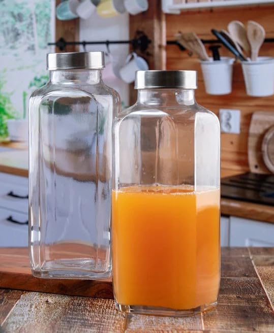 Image of Glassbunny French Square Glass Drinking Bottles 1000 ML Reusable Drink Containers with Leak-Proof Airtight Stainless Steel Lid for Water, Smoothie, Juices Pack of 2