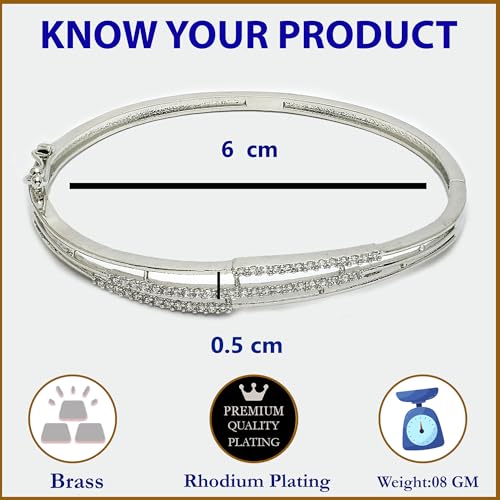 Image of ZENEME Rhodium Plated Silver Toned American Diamond Studded Grace Line Kada Bracelet For Women
