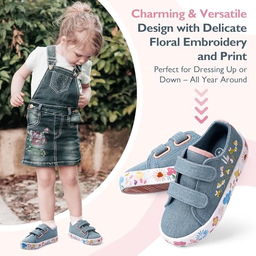 waddle wonder Denim Toddler Slip on Shoes for Boys & Girls Flowers and Bees Embroidery Hook & Loop Non-Slip School Walking Tennis Sneakers Blue Size 6-102
