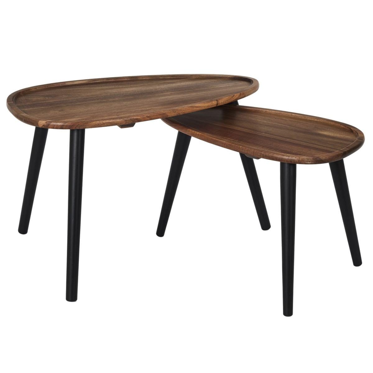 HOME DECO FACTORY - HD0291 Mesas Nido Galet Acacia X2 - Colección Softness - Mobiliario Mesa y Escritorio - Dimensiones 60 x 40 x 39 cm - Color Negro Marrón | Acacia, juego de 2 mesas nido de guijarro, colección Softness, mesa auxiliar, salón, 60 x 40 x 3