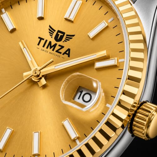 Image of Classic Gold Dial Quartz Watch for Men with Stainless Steel Two Tone Bracelet (Silver-Golden), Magnified Date Window & Water Resistant Build