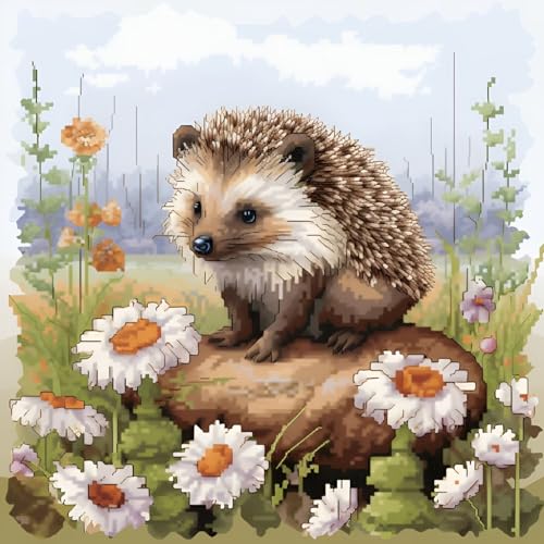 Xinpinzhou Kit Punto De Cruz Con Hilos Y Tela Impresa Erizo Animal, Cuadros En Cross Stitch Embroidery Bordar Punto De Cruz Kit Bordado Completo Esquemas Para Principiantes Patrones Contado