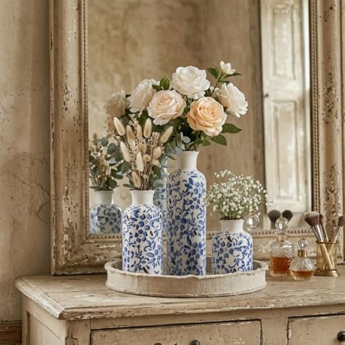Image of Chinoiserie Decor Ceramic Vases Set - 3 Blue and White Vase, Chinoiserie Vase Farmhouse Country, Flower Vases Home Decor, Living Room Decoration, Entrance, Fireplace, Table Decoration, Centerpieces