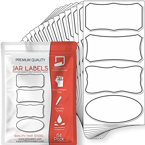 64 Waterproof Labels for Jars  8 x 4cm Premium Quality Jar Labels Self Adhesive, Removable Adhesive Labels Stickers for Jars, Jam Jar Labels, Chutney Labels, Bottle Labels & More by Innoveem