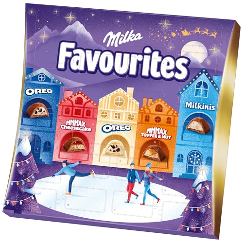 Milka Favourites Adventskalender mit Pralinen in fünf Sorten – Alpenmilch, Oreo, Nuss, Kakaocrème & weiße Schokolade – 206g
