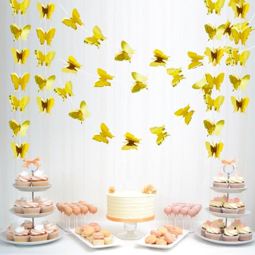 Image of BEISHIDA 5 Pieces Gold 3D Butterfly Paper Garland Hanging Decorative Banner for Home Ceiling Decor Birthday Party Baby Shower Wedding Theme Showcase Decoration Supplies Total 393 Inch Length