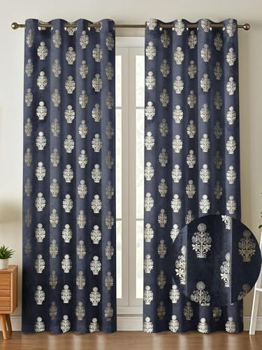 Image of Premium Velvet Window Curtains 5 Feet, Golden Foil Matka Design Room Darkening Curtains for Window, Thermal Insulated Parda - 4 feet x 5 feet (48 x 60 Inch) - 1 Pcs Navy Colour