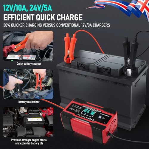Image of 10 Amp Smart Car Battery Charger, 12 V /24 V Fully Automatic Battery Maintenance and Trickle Charger with LCD Display, Pulse Repair for Lead Acid, AGM, GEL, SLA, Wet Batteries