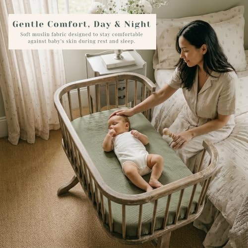 Image of 3 Pack Muslin Bassinet Fitted Sheets for Bedside Sleepers | Soft Cotton Baby Sheet Set Compatible with Baby Delight for Boys and Girls, Dream On Me, AMKE and Other Rectangle Mattresses