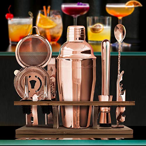 Bartender Kit, Rose Copper Cocktail Shaker Set, 11-Piece Set, 24Oz Martini Mixer, Muddler, Double Jigger, 2 Liquor Pourers, Mixing Spoon, Ice Tong, Strainer Set, Beer And Wine Opener With Bamboo Stand #TOP4