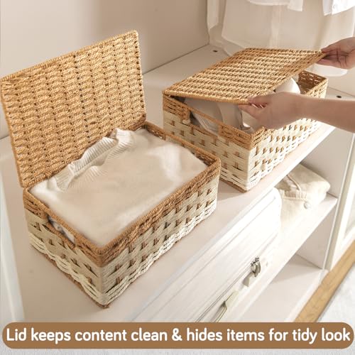 Image of HOKIPO Baskets for Clothes with Lid Set of 2 (Large & X-Large) | Foldable Cloth Storage Basket for Wardrobe | Storage Box with Metal Frame & Handles | Closet Organizer Basket for Clothes (AR-6164)
