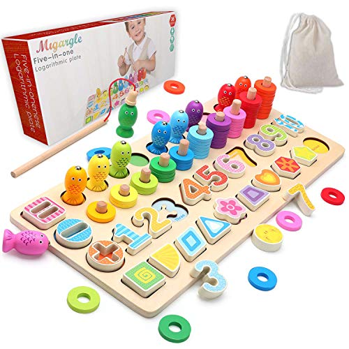 Wooden Number Puzzle Sorting Montessori Toys for Toddlers - Shape Sorter Game for age 3 4 5 6 year olds kids - Preschool Education Math Stacking Block - 5 In 1 Learning Wood Toys Jigsaw Board