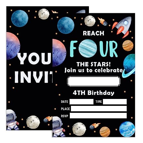 4th Space Birthday Invitations for Boys with Envelopes, Invites for Fourth Birthday Party Galaxy Planets, Astronaut Rocket Ship Birthday Party Invitations Cards, Reach Four The Star, 4'x6' Set of 20