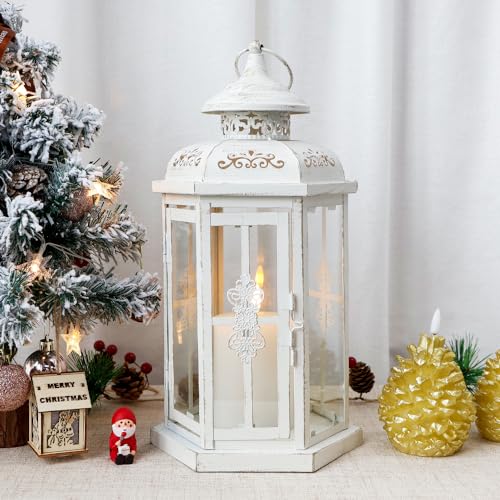 JHY DESIGN Faroles Decorativos de 30 cm de Altura, faroles de Vela para Exteriores, Soporte de Metal para Bodas, Interiores y Exteriores, Fiestas, Bodas (Blanco con Pincel Dorado)