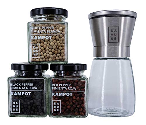 Kampot Peperkorrels Premium: Zwarte (60g), Rode (60g) and Witte (60g) - Nieuwe Oogst 06/2020 - met Grinder