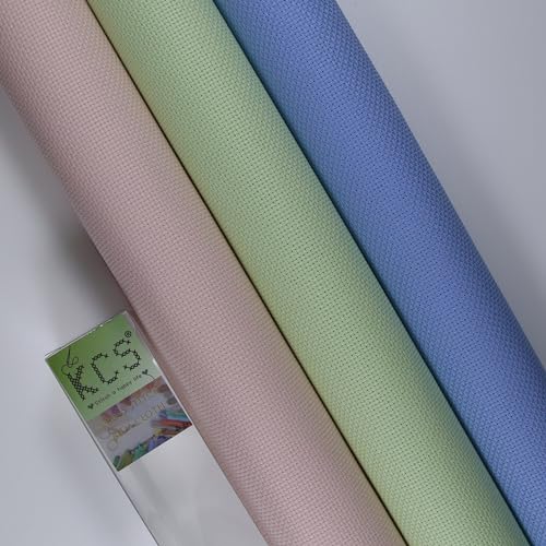Image of KCS 3 pc of 15 inch x 18 inch(38cmx45cm) Counted Cross Stitch Cotton Aida Cloth Needlework Rolled Fabric Box,14CT,Light Blue+Pink+Light Green