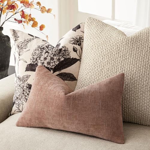 Image of Foindtower Pack of 2 Soft Textured Chenille Throw Decorative Pillow Covers Square Accent Solid Cushion Cover Neutral Lumbar Pillow Case for Couch Sofa Bedroom Living Room 12x20 Inch,Dusty Pink