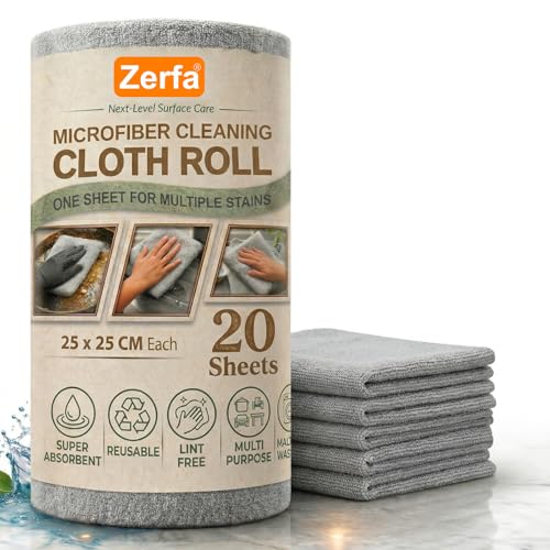 Image of Zerfa 20 Sheets Microfiber Cleaning Cloth Roll 25x25 CM - Reusable Towels, Washable Super Absorbent Lint Free Cleaning Cloths for Kitchen, Car, Garage, and Home (1 Roll, Gray)