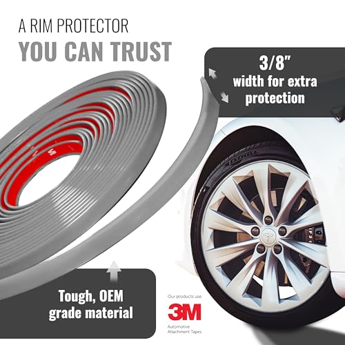 All-Fit Automotive Rim Trim – Durable DIY Car Exterior Accessories for Curb Rash Protection – Fits Up to Four 24” Wheels – Flexible, Durable Wheel Rim Protector (3/8″ width/Silver)