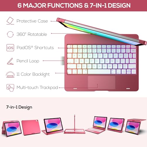 Image of typecase Touch iPad 11th 10th Generation Case with Keyboard (11 inch 2025, A16 & 10.9 inch 2022) - 360 Rotatable, 11-Color Backlit, Multi-Touch Trackpad, Pencil Holder, Thin & Light - Pink