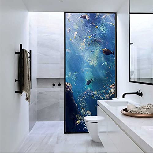 Ocean Decor Collection Privacy Glass Window Films Dark Blue Underwater Sea Animal World With Tropical Fishes Starfish Colorful Coral Diy Home Decoration Glass Stickers Window Film L35.4 X H 78.7 In #TOP3
