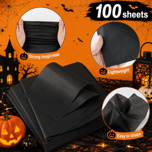 Image of Black Tissue Paper - 100 Sheets Gift Wrapping Paper for Halloween Decor | Halloween Decorations for Gift Bags Boxes - Gift Wrapping Tissue Paper Bulk for DIY Crafts Birthday |Halloween Party Supplies