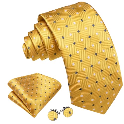 Image of Barry.Wang Plaid Ties Check Mens Necktie Set with Handkerchief Cufflinks Classic Stripe