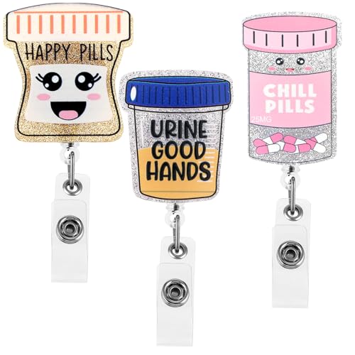 3 Pcs Nurse Badge Reel Retractable ID Card Holder Funny Nursing Name Tag Clip Glitter Cute Pharmacist Badge Holder for Office Clinic Medical Assistant Student Doctors