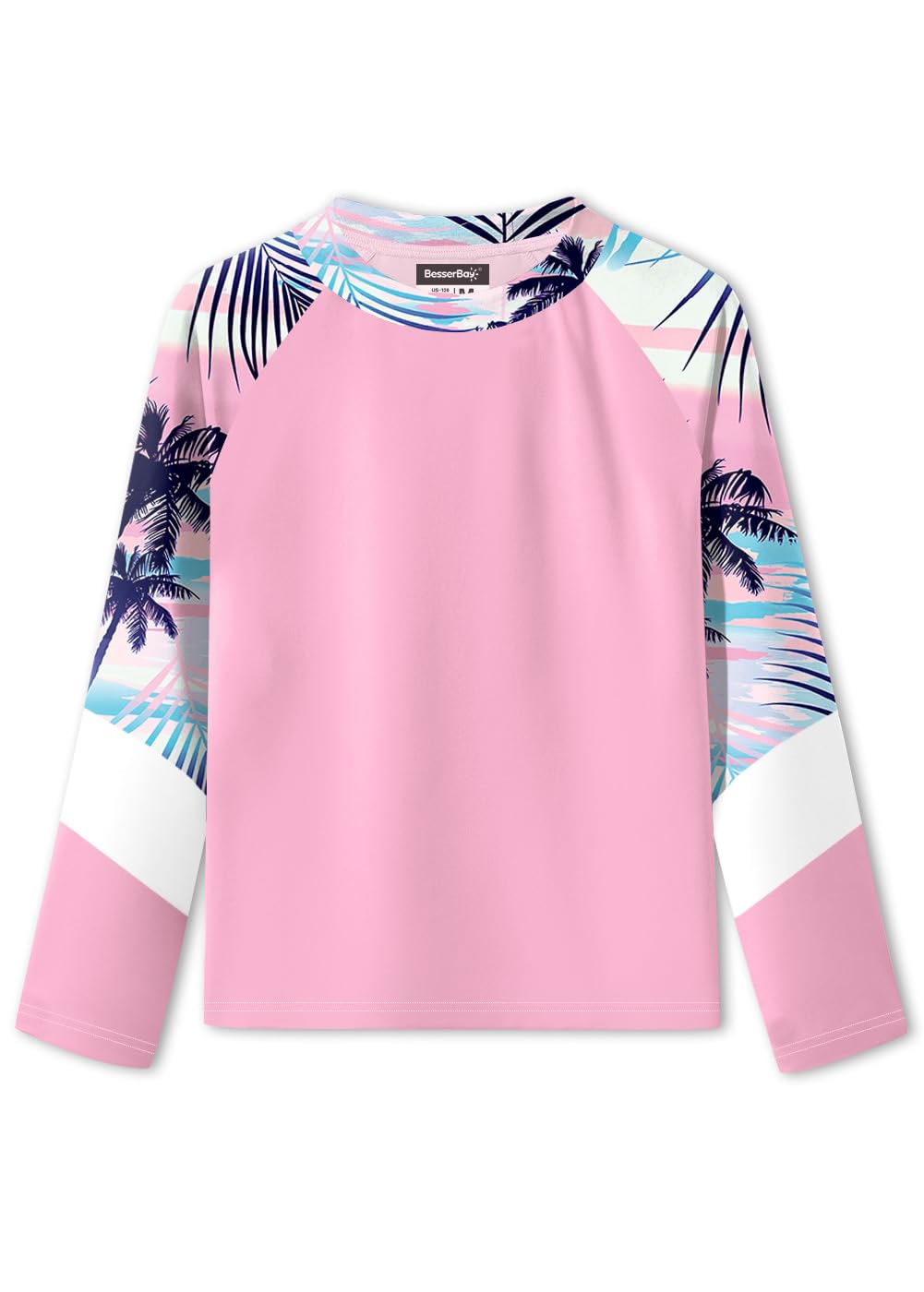 BesserBay Kid Girl's Uv Protection Rashguard Top Tropical Tree Pink Long Sleeve Swimming Shirt 13-14 Years