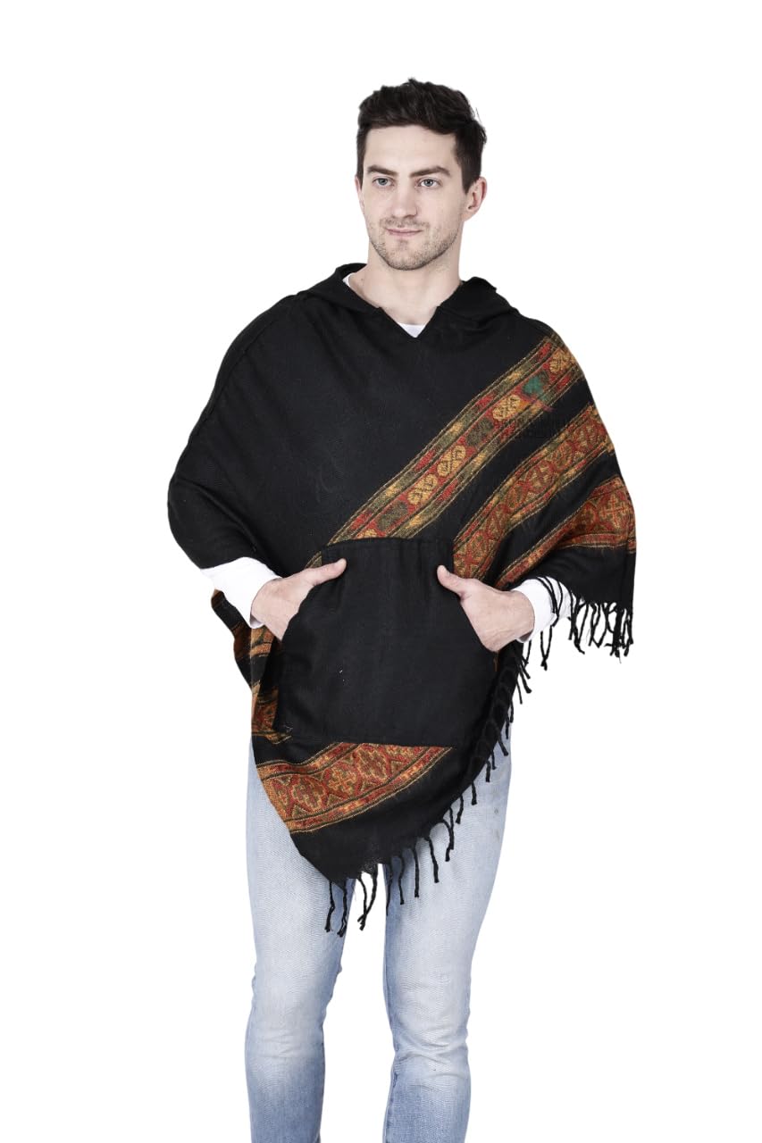 aruna kullu handloom kullu woolen poncho with hood for men multi color long-picture-18