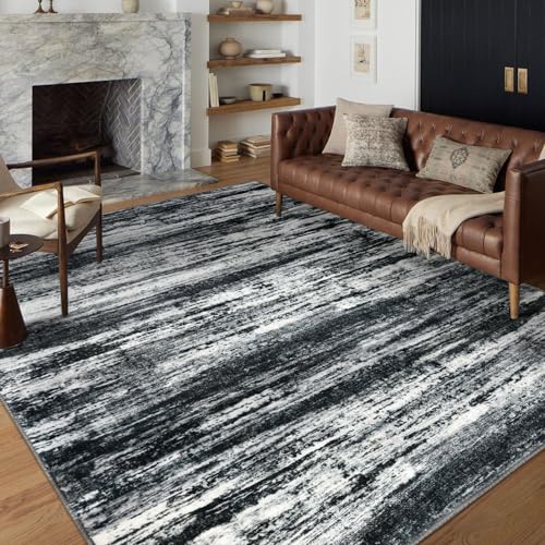 KOZYFLY Area Rug 6x9 Modern Ombre Thin Rugs for Living Room, Washable Large Rugs Non-Slip Soft Striped Rug for Bedroom, Black Navy Blue Grey Abstract Carpet for Laundry/Kid Room