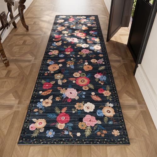 Machine Washable Runner Rug for Hallway: 2'6"x8' Kitchen Runner Rugs with Rubber Backing Non Slip Stain Resistant Floral Floor Rug Soft Carpet Runners for Indoor Entryway Bedroom Bedside Living Room