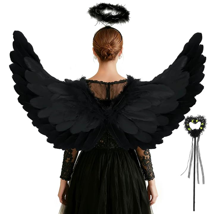 Newthinking Angel Wings and Halo for Adults, Large Black Feather Wings Halloween Angel Fairy Costume Cosplay for Women, 80x42cm