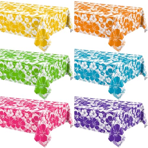 Image of Nitial 6 Pcs Hawaiian Hibiscus Party Tablecloths Plastic Disposable Luau Table Covers for Tropical Luau Bar Party Supplies Summer Beach Pool Birthday Decorations, 108 x 54 Inch