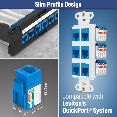 Image of Everest 90 Degree RJ45 Cat6 Keystone Jacks Slim Profile 20-Pack Blue | Compatible with 90 Angled Speed Termination Tool - easyJACK (B094WB91H3)