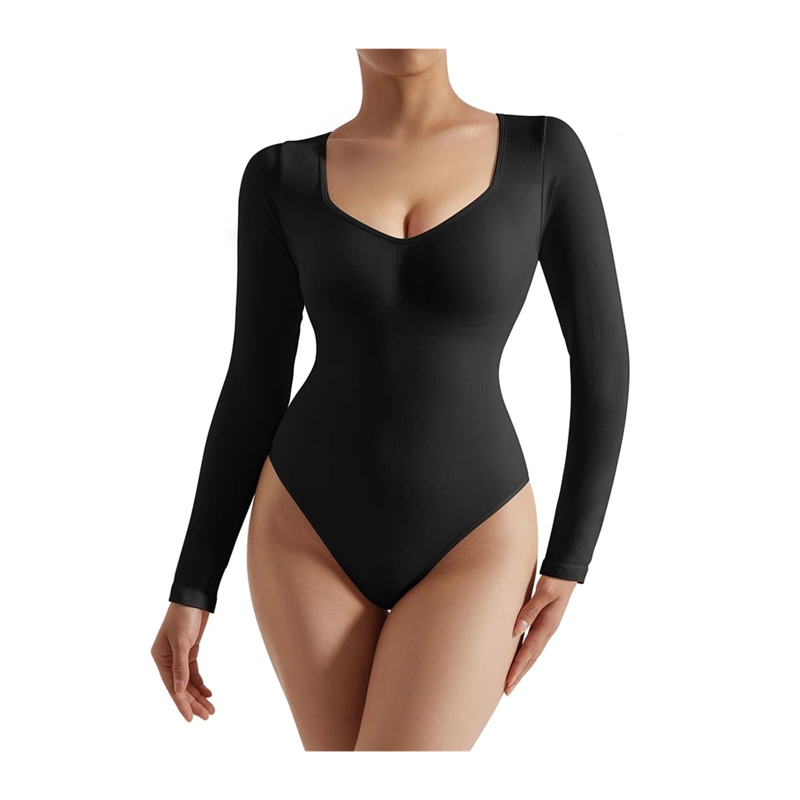 Body de Invierno de Manga Larga con Cuello en V para Mujer, Mono Moldeador, Body Ajustado (Negro M)