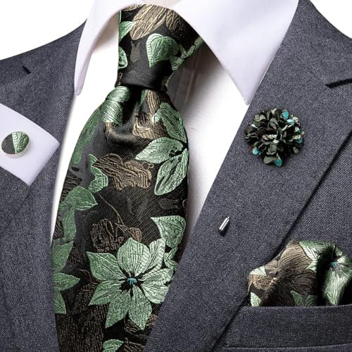 Image of Dubulle Mens Tie and Lapel Pin Paisley Striped Floral Necktie for Men Pocket Square Cufflinks 4PCS Set Wedding Party