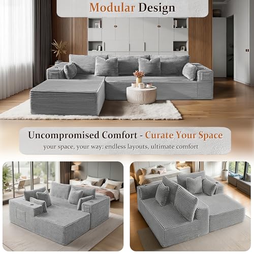 Image of 108 inch Oversized Cloud Sectional Couch, Comfort L Shaped Boneless Couch for Living Room, Extra Deep Seats No Assembly, Minimalist Modular Sofa, Corduroy (Light Grey, 2 Seater+Left Facing Chaise)