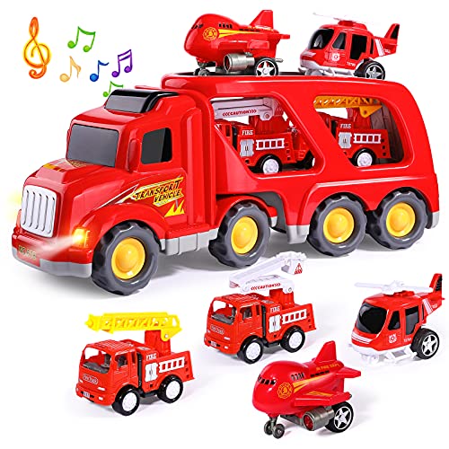 HINZER Fire Carrier Truck Transport Car Play Vehicles Toys for 3 Year Old Boys and Girls- 5 in 1 Friction Power Push and Go Play Vehicles