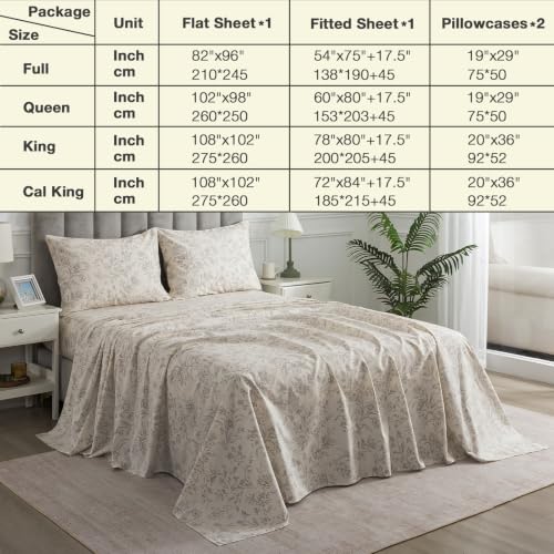 Image of Vintage Beige Floral Percale Sheets Queen Size, Deep Pocket, 4Pcs | 100% Cotton Botanical Flower Sheet Set, Shabby Chic Patterned Bed Sheets, Neutral Toile Bedding, Cottagecore, Farmhouse, Soft