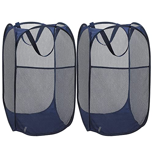 Image of BATTOO Deluxe Strong Mesh Pop up Laundry Hamper Basket with Side Pocket Foldable Hamper for Laundry Room, Bathroom, Kids Room, College Dorm or Travel Navy + Navy