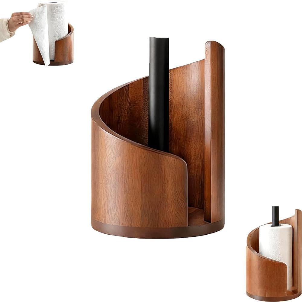 Mountain Paper Towel Holder, Natural Mango Wood Base with Iron Center Rod, Countertop Paper Towel Stand, Decorative Kitchen Paper Towel Dispenser — No Installation Required (Brown)