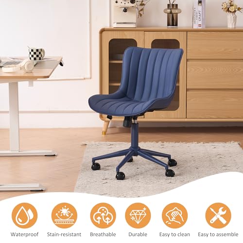 Image of YOUNIKE Office Desk Chair with Wheels Armless Vanity Chair Modern Navy Blue | Faux Leather Upholstered with Rocking Back, Swivel Height Adjustable, Small Cute Computer Rolling Task Chair Ergonomic