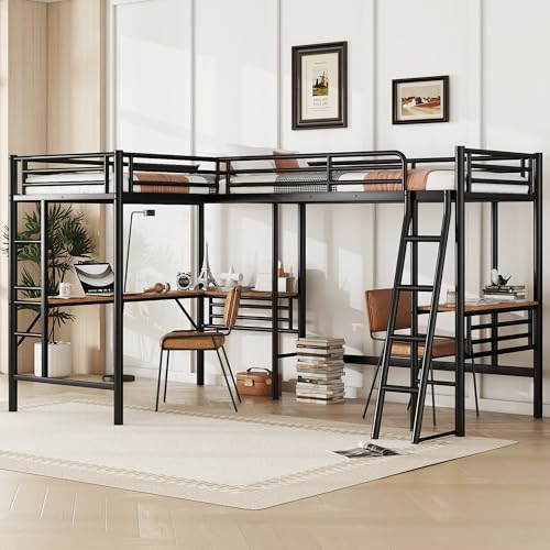 L-Shape Loft Beds with Two Desk Metal Double Twin Size Loft Beds Frame Heavy-Duty Black Corner Twin Bed for 2 Kids Girls Boys Teens